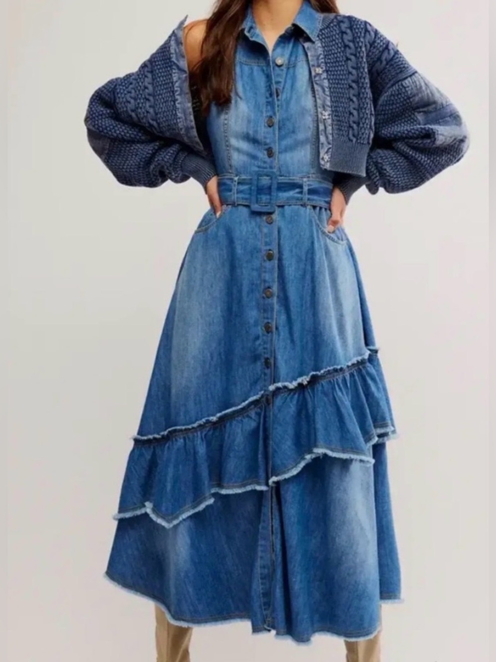 Free People Beau Midi denim asymmetrical tiered dress medium like new - Picture 6 of 16